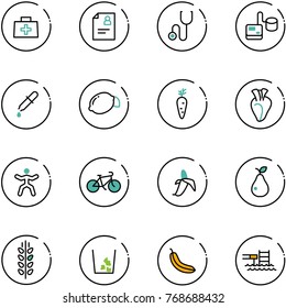 line vector icon set - doctor bag vector, patient card, stethoscope, tonometer, pipette, lemon, carrot, heart, gymnastics, bike, banana, pear, spica, garbage, pool