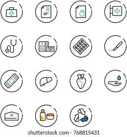 line vector icon set - doctor bag vector, patient card, diet list, first aid room, stethoscope, hospital building, pills blister, scalpel, medical patch, liver, heart, drop hand, hat, uv cream