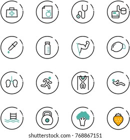 line vector icon set - doctor bag vector, diet list, stethoscope, tonometer, pipette, vial, power hand, lemon, lungs, run, pull ups, abdominal muscles, pool, weight, broccoli, strawberry