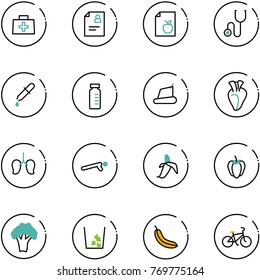 line vector icon set - doctor bag vector, patient card, diet list, stethoscope, pipette, vial, treadmill, heart, lungs, push ups, banana, sweet pepper, broccoli, garbage, bike