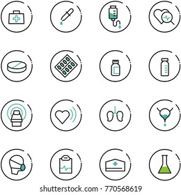 line vector icon set - doctor bag vector, pipette, drop counter, heart diagnosis, pill, pills blister, bottle, vial, mri, beat, lungs, bladder, medical mask, pulse clipboard, hat, flask