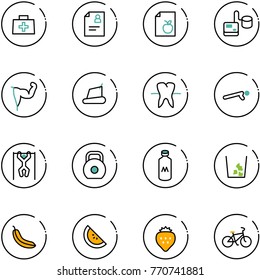 line vector icon set - doctor bag vector, patient card, diet list, tonometer, power hand, treadmill, tooth, push ups, pull, weight, milk, garbage, banana, watermelone, strawberry, bike