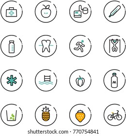 line vector icon set - doctor bag vector, apple, tonometer, thermometer, vial, tooth, run, pull ups, ambulance star, pool, sweet pepper, milk, garbage, pineapple, strawberry, bike