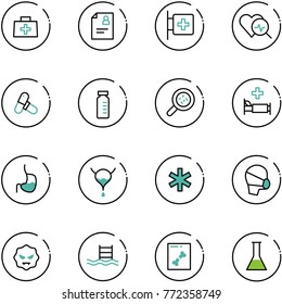 line vector icon set - doctor bag vector, patient card, first aid room, heart diagnosis, pills, vial, bacteria, hospital bed, stomach, bladder, ambulance star, medical mask, virus, pool, x ray