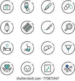 line vector icon set - doctor bag vector, drop counter, thermometer, pills, blister, scalpel, bacteria, hospital bed, stomach, liver, bladder, heart care, virus, x ray, molecule