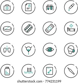 Line Vector Icon Set - Doctor Bag Vector, Patient Card, Vial, Pipette, Pill, Pills Blister, Medical Patch, Hospital Bed, Lungs, Bladder, Eye, Mask, Bottle, Pool, X Ray, Forceps