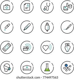 Line Vector Icon Set - Doctor Bag Vector, Patient Card, Stethoscope, Tonometer, Pipette, Thermometer, Drop Counter, Scalpel, Medical Patch, Mri, Heart Beat, Mask, Hat, Flask, Molecule