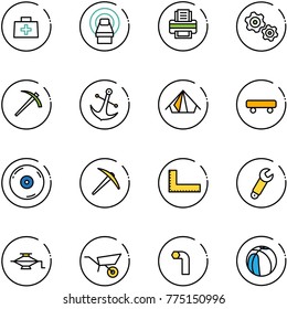 line vector icon set - doctor bag vector, mri, printer, gears, job, anchor, tent, skateboard, cd, axe, corner ruler, wrench, jack, wheelbarrow, allen key, basketball