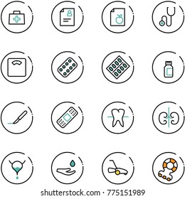 line vector icon set - doctor bag vector, patient card, diet list, stethoscope, floor scales, pills blister, bottle, scalpel, medical patch, tooth, kidneys, bladder, drop hand, lawn mower, teethers
