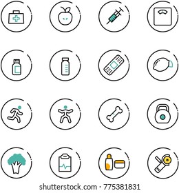 line vector icon set - doctor bag vector, apple, syringe, floor scales, pills bottle, vial, medical patch, lemon, run, gymnastics, broken bone, weight, broccoli, pulse clipboard, uv cream