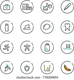 line vector icon set - doctor bag vector, hospital building, tonometer, thermometer, vial, treadmill, lemon, tooth, run, gymnastics, pills bottle, pool, banana, sweet pepper, garbage