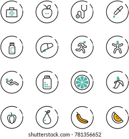 line vector icon set - doctor bag vector, apple, stethoscope, pipette, pills bottle, liver, run, gymnastics, abdominal muscles, lemon slice, banana, sweet pepper, pear, watermelone