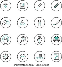 line vector icon set - doctor bag vector, patient card, pipette, thermometer, pills, vial, scalpel, mri, bacteria, heart, care, virus, pool, x ray