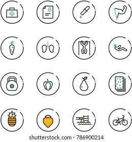 line vector icon set - doctor bag vector, patient card, pipette, power hand, carrot, lungs, pull ups, abdominal muscles, weight, sweet pepper, pear, breads, pineapple, strawberry, pool, bike