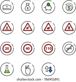 line vector icon set - doctor hat vector, money bag, piggy bank, back, pedestrian road sign, wild animals, railway intersection, narrows, speed limit 20, 40, 110, end overtake, flask, victory