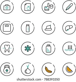 line vector icon set - doctor bag vector, diet list, tonometer, thermometer, floor scales, vial, treadmill, liver, tooth, ambulance star, pills bottle, pool, weight, onion, banana, watermelone