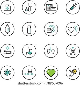 line vector icon set - doctor bag vector, stethoscope, hospital building, syringe, drop counter, vial, mri, heart beat, bed, stomach, lungs, gymnastics, ambulance star, pool, Angular grinder
