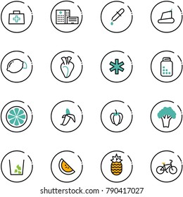 line vector icon set - doctor bag vector, hospital building, pipette, treadmill, lemon, heart, ambulance star, pills bottle, slice, banana, sweet pepper, broccoli, garbage, watermelone, pineapple