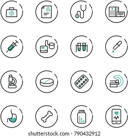 line vector icon set - doctor bag vector, patient card, stethoscope, hospital building, syringe, tonometer, vial, pipette, lab, pill, pills blister, mri, stomach, broken bone, bottle
