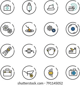 line vector icon set - doctor bag vector, drop counter, treadmill, mri, gears, fishing, gear, cd, bolt cutter, jack, protect glass, stapler, tool box, wheelbarrow, allen key set, camera