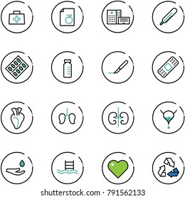 line vector icon set - doctor bag vector, diet list, hospital building, thermometer, pills blister, vial, scalpel, medical patch, heart, lungs, kidneys, bladder, drop hand, pool, recycling
