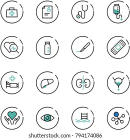 Line Vector Icon Set - Doctor Bag Vector, Patient Card, Stethoscope, Drop Counter, Heart Diagnosis, Vial, Scalpel, Medical Patch, Hospital Bed, Liver, Kidneys, Bladder, Care, Eye, Pool, Molecule