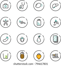 line vector icon set - doctor bag vector, stethoscope, lemon, liver, gymnastics, abdominal muscles, pills bottle, banana, eggplant, sweet pepper, pear, breads, garbage, pineapple, strawberry, pool