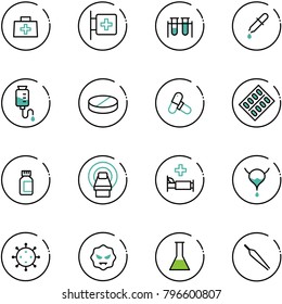 line vector icon set - doctor bag vector, first aid room, vial, pipette, drop counter, pill, pills, blister, bottle, mri, hospital bed, bladder, virus, flask, forceps
