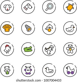 line vector icon set - dog vector, bacteria, sea turtle, shell, dolphin, duck toy, chicken, crocodile, dinosaur, bear, monster