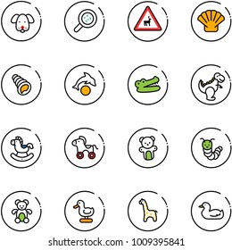 line vector icon set - dog vector, bacteria, wild animals road sign, shell, dolphin, crocodile, dinosaur toy, rocking horse, wheel, bear, caterpillar, duck, giraffe