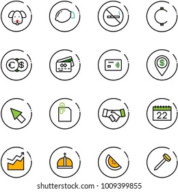 line vector icon set - dog vector, lemon, no smoking sign, cent, euro dollar, credit card, tap pay, pin, cursor, attachment, agreement, calendar, growth, crown, watermelone, nail
