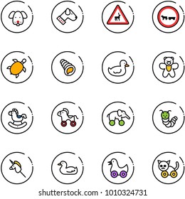 line vector icon set - dog vector, wild animals road sign, no cart horse, sea turtle, shell, duck toy, bear, rocking, wheel, elephant, caterpillar, unicorn stick, cat