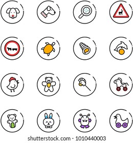 line vector icon set - dog vector, bacteria, wild animals road sign, no cart horse, sea turtle, shell, dolphin, chicken toy, bear, stick, wheel, rabbit, monster, duck