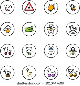 line vector icon set - dog vector, wild animals road sign, sea turtle, shell, dolphin, crocodile, bear toy, rocking horse, wheel, rabbit, duck, giraffe, cat