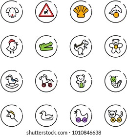 line vector icon set - dog vector, wild animals road sign, shell, dolphin, chicken toy, crocodile, dinosaur, bear, rocking horse, wheel, caterpillar, unicorn stick, duck, cat
