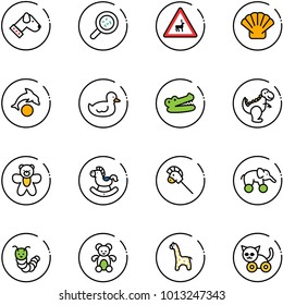 line vector icon set - dog vector, bacteria, wild animals road sign, shell, dolphin, duck toy, crocodile, dinosaur, bear, rocking horse, stick, elephant wheel, caterpillar, giraffe, cat