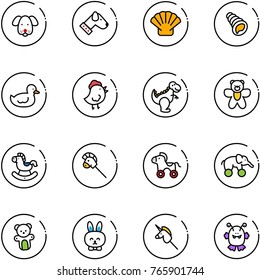line vector icon set - dog vector, shell, duck toy, chicken, dinosaur, bear, rocking horse, stick, wheel, elephant, rabbit, unicorn, monster