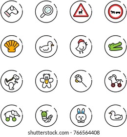 line vector icon set - dog vector, bacteria, wild animals road sign, no shell, duck toy, chicken, crocodile, dinosaur, bear, stick, wheel, elephant, caterpillar, rabbit