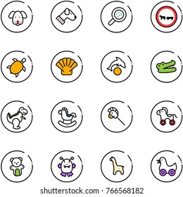 line vector icon set - dog vector, bacteria, sea turtle, shell, dolphin, crocodile, dinosaur toy, rocking, stick, wheel, bear, monster, giraffe, duck
