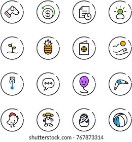 line vector icon set - dog vector, money back, history, idea, sproute, pineapple, passport, waves, laser, chat, balloon smile, boomerang, chicken toy, doll, russian, basketball