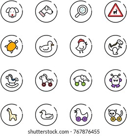 line vector icon set - dog vector, bacteria, wild animals road sign, sea turtle, duck toy, chicken, dinosaur, rocking horse, wheel, elephant, monster, giraffe, cat