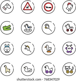 line vector icon set - dog vector, wild animals road sign, no cart horse, chicken toy, crocodile, rocking, stick, wheel, rabbit, unicorn, duck, monster, giraffe, cat