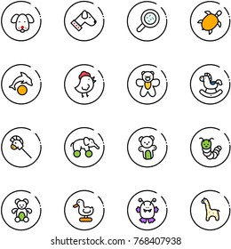 line vector icon set - dog vector, bacteria, sea turtle, dolphin, chicken toy, bear, rocking horse, stick, elephant wheel, caterpillar, duck, monster, giraffe