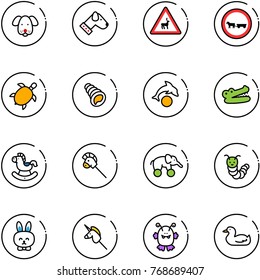 line vector icon set - dog vector, wild animals road sign, no cart horse, sea turtle, shell, dolphin, crocodile, rocking, stick toy, elephant wheel, caterpillar, rabbit, unicorn, monster, duck