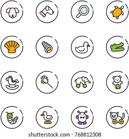 line vector icon set - dog vector, bacteria, sea turtle, shell, duck toy, crocodile, rocking horse, stick, elephant wheel, bear, caterpillar, monster, cat