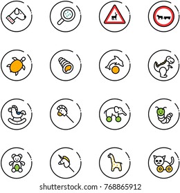 line vector icon set - dog vector, bacteria, wild animals road sign, no cart horse, sea turtle, shell, dolphin, dinosaur toy, rocking, stick, elephant wheel, caterpillar, bear, unicorn, giraffe, cat