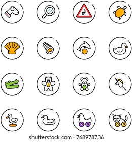 line vector icon set - dog vector, bacteria, wild animals road sign, sea turtle, shell, dolphin, duck toy, crocodile, bear, unicorn stick, cat
