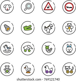 line vector icon set - dog vector, bacteria, wild animals road sign, no cart horse, shell, crocodile, dinosaur toy, bear, rocking, elephant wheel, caterpillar, rabbit, duck, cat