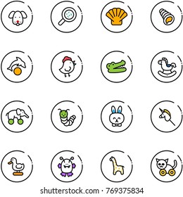 line vector icon set - dog vector, bacteria, shell, dolphin, chicken toy, crocodile, rocking horse, elephant wheel, caterpillar, rabbit, unicorn stick, duck, monster, giraffe, cat