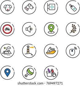 line vector icon set - dog vector, first aid room, medical label, no bike road sign, low volume, map pin, golden branch, mountains, lighthouse, cruiser, mouse wireless, navigation, beanbag